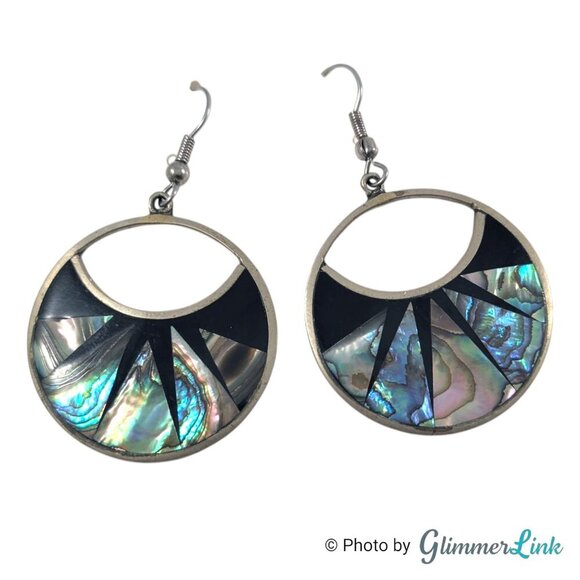VTG Alpaca Mexico Geometric Inlay Abalone Shell Silver Tone Dangle Earrings - Picture 1 of 6